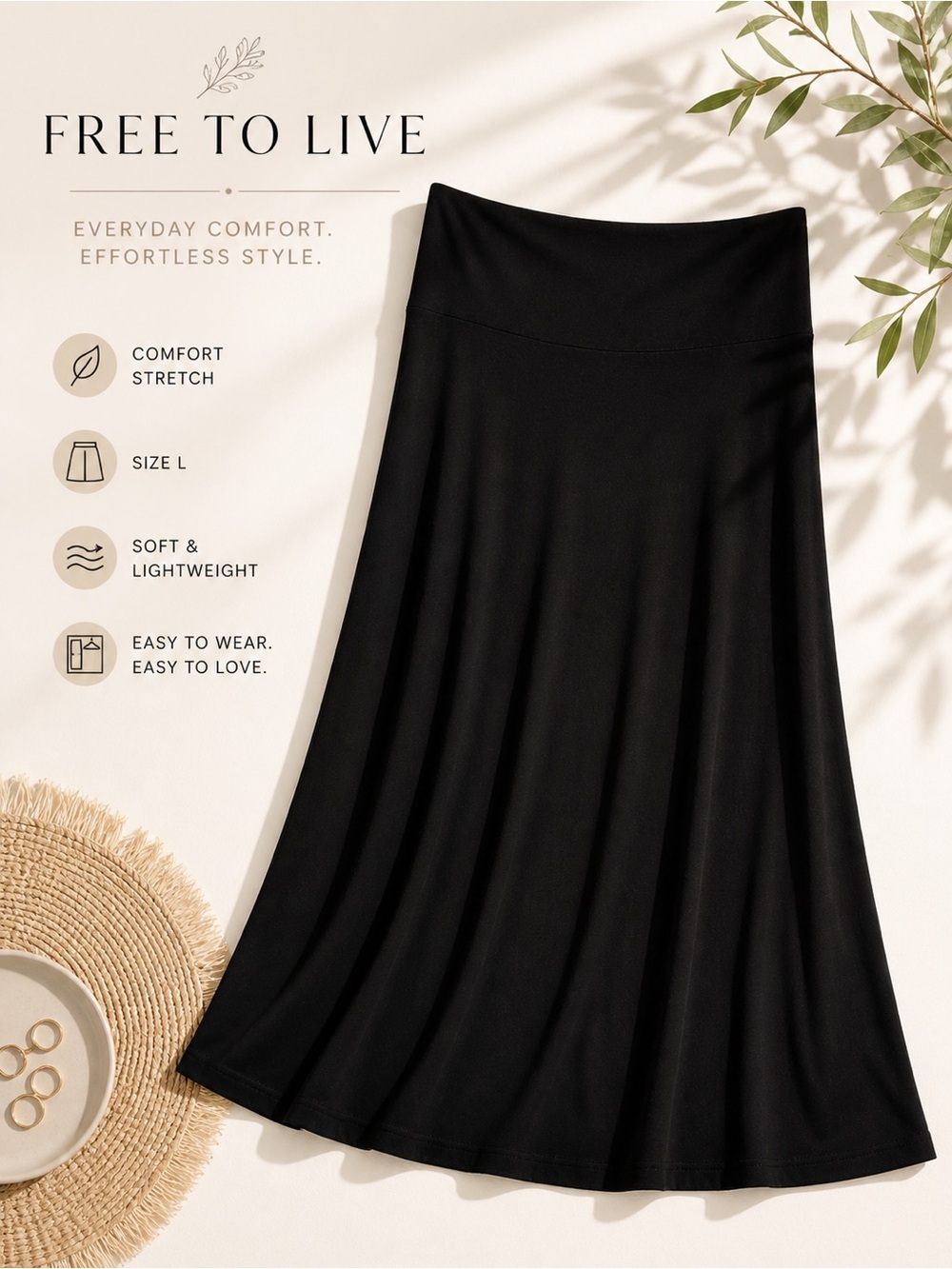 Free to Live Black Stretch Midi Skirt Size L